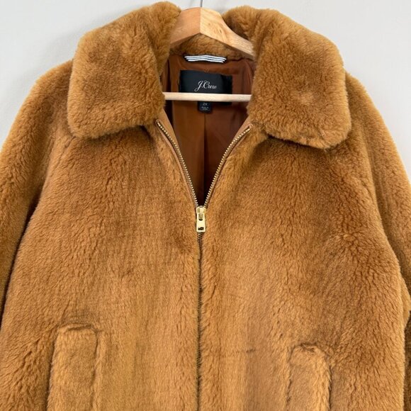 J. Crew Faux Fur Full Zip Bomber Jacket Womens 2X Cognac Preppy Designer Outdoor - Picture 7 of 15
